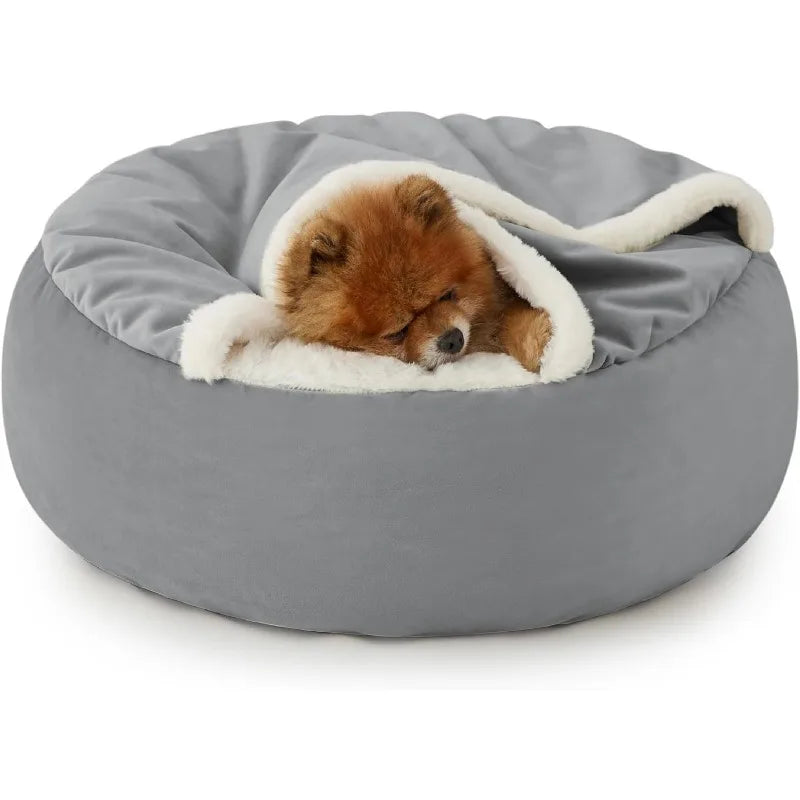 Covered Round Puppy/Cat  Bed with Hooded Blanket