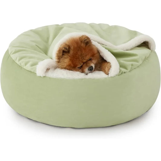 Covered Round Puppy/Cat  Bed with Hooded Blanket