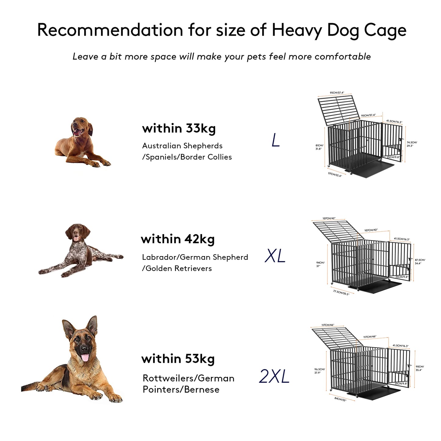 Heavy Duty Dog Crate with 4 Lockable Wheels 3 Doors and Removable Tray Metal Kennels