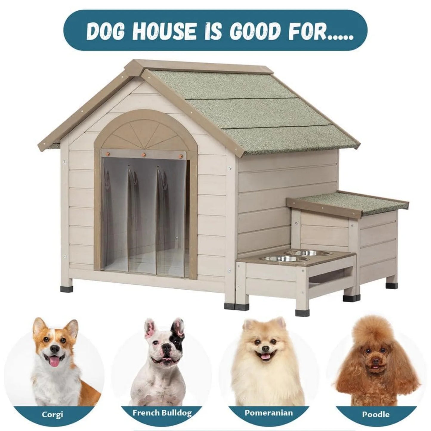 Outdoor Wood Dog House for Small to Medium Dogs, Storage Box Elevated Feeding Station