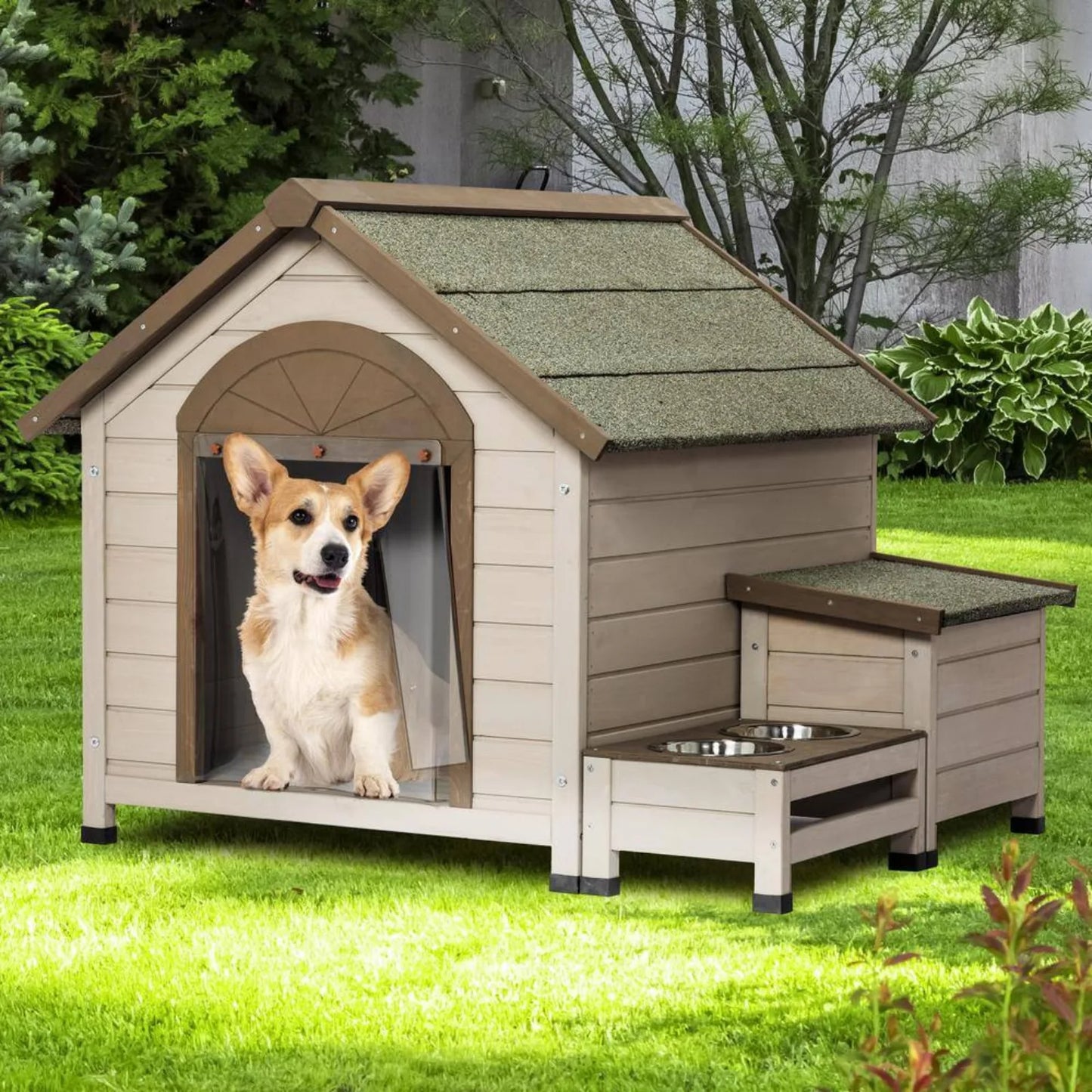 Outdoor Wood Dog House for Small to Medium Dogs, Storage Box Elevated Feeding Station