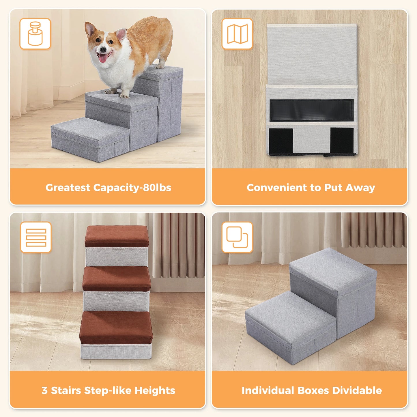 3-Tier Dog Stairs for Small Foldable Pet Stair with Storage Box, Non-Slip