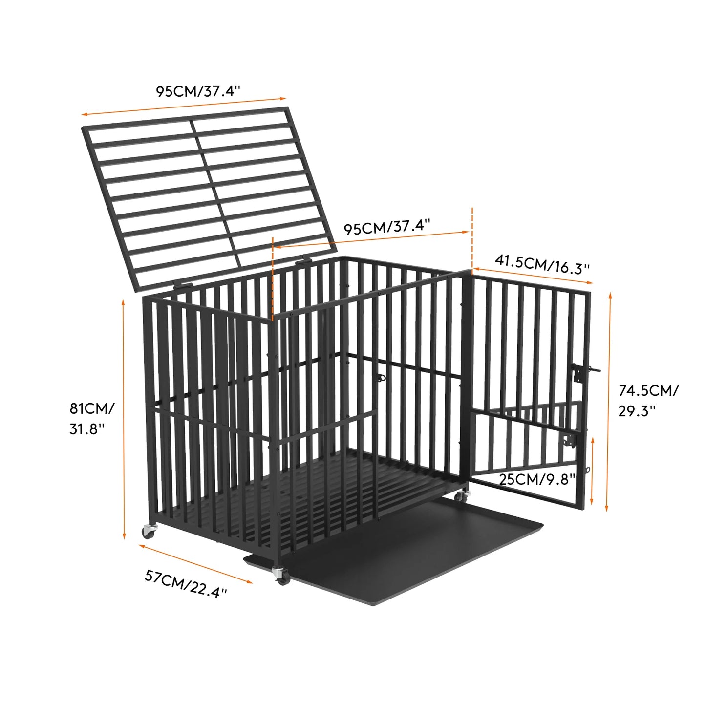 Heavy Duty Dog Crate with 4 Lockable Wheels 3 Doors and Removable Tray Metal Kennels