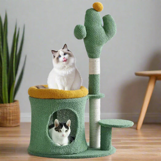 Cat Scratching Tower with Cactus