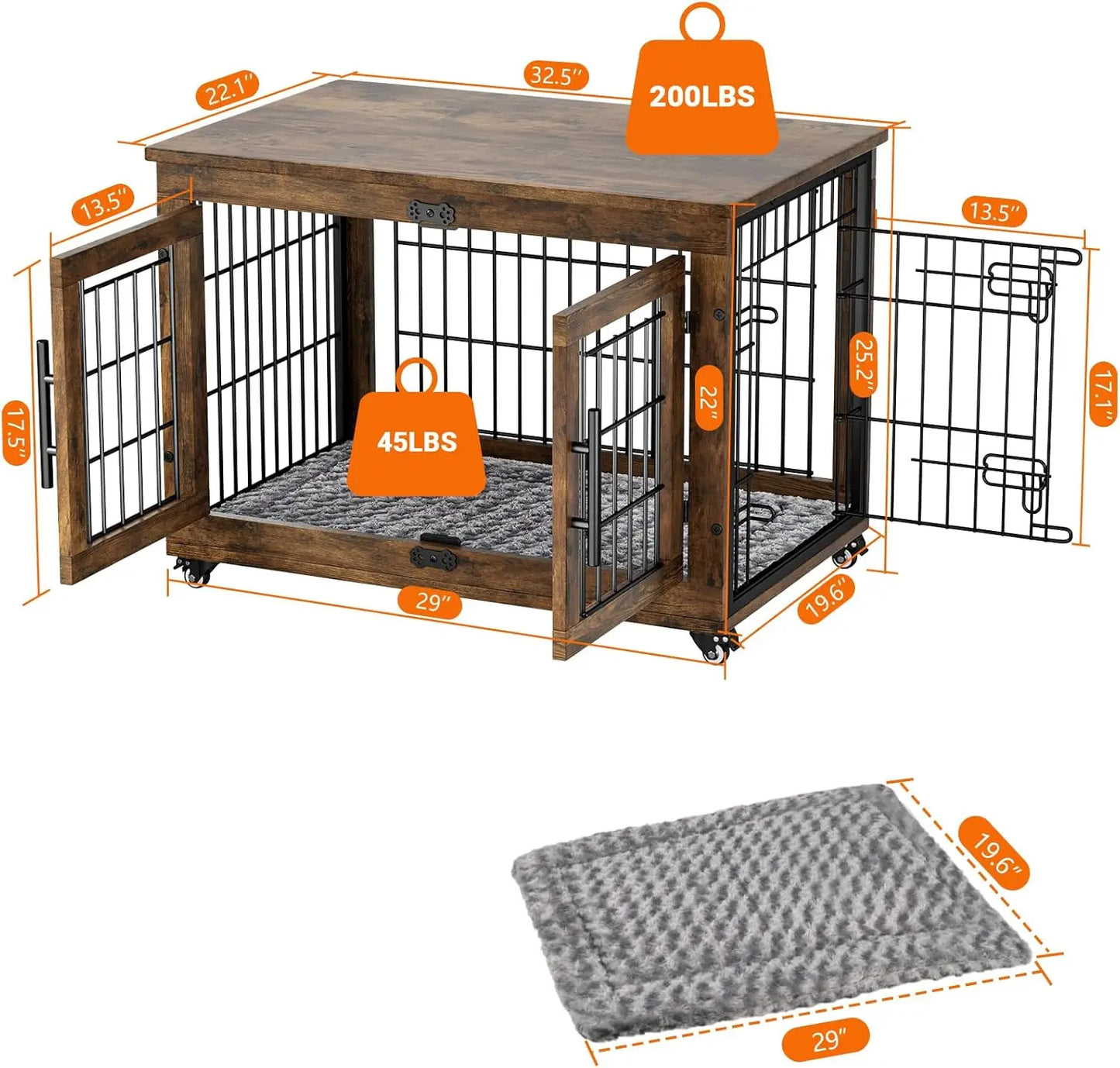 Dog Cage with Wheels, Dog House Side End Table for Small Medium Dogs up to 45 lb, 32.5” L, Rustic Brown