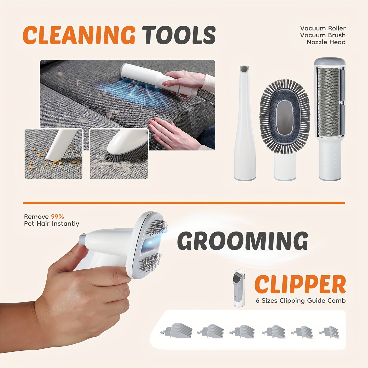 Pet Grooming Vacuum Kit 5-in-1 with 6 Guide Combs