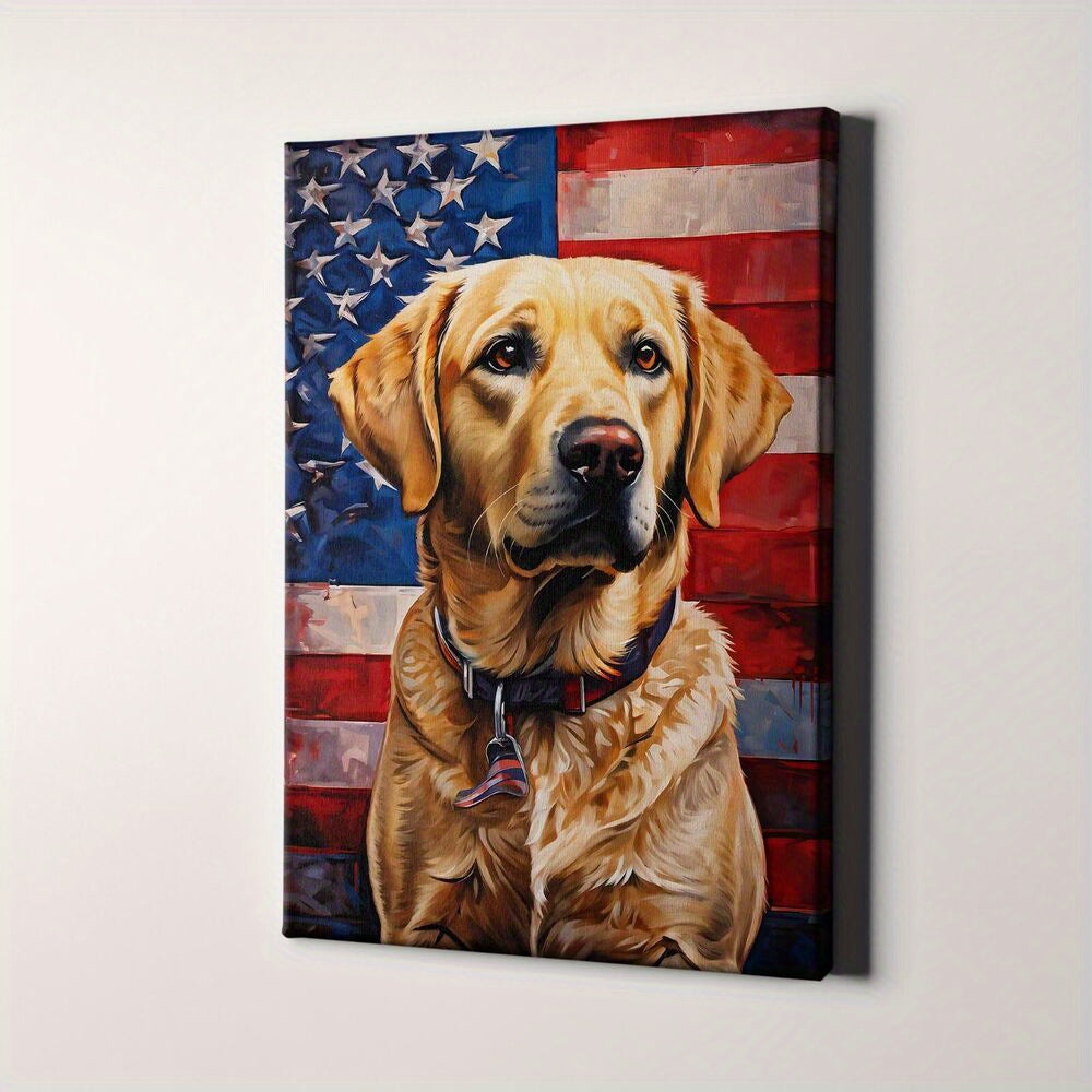 Yellow Labrador With American Flag USA Dog  Print Wall Art